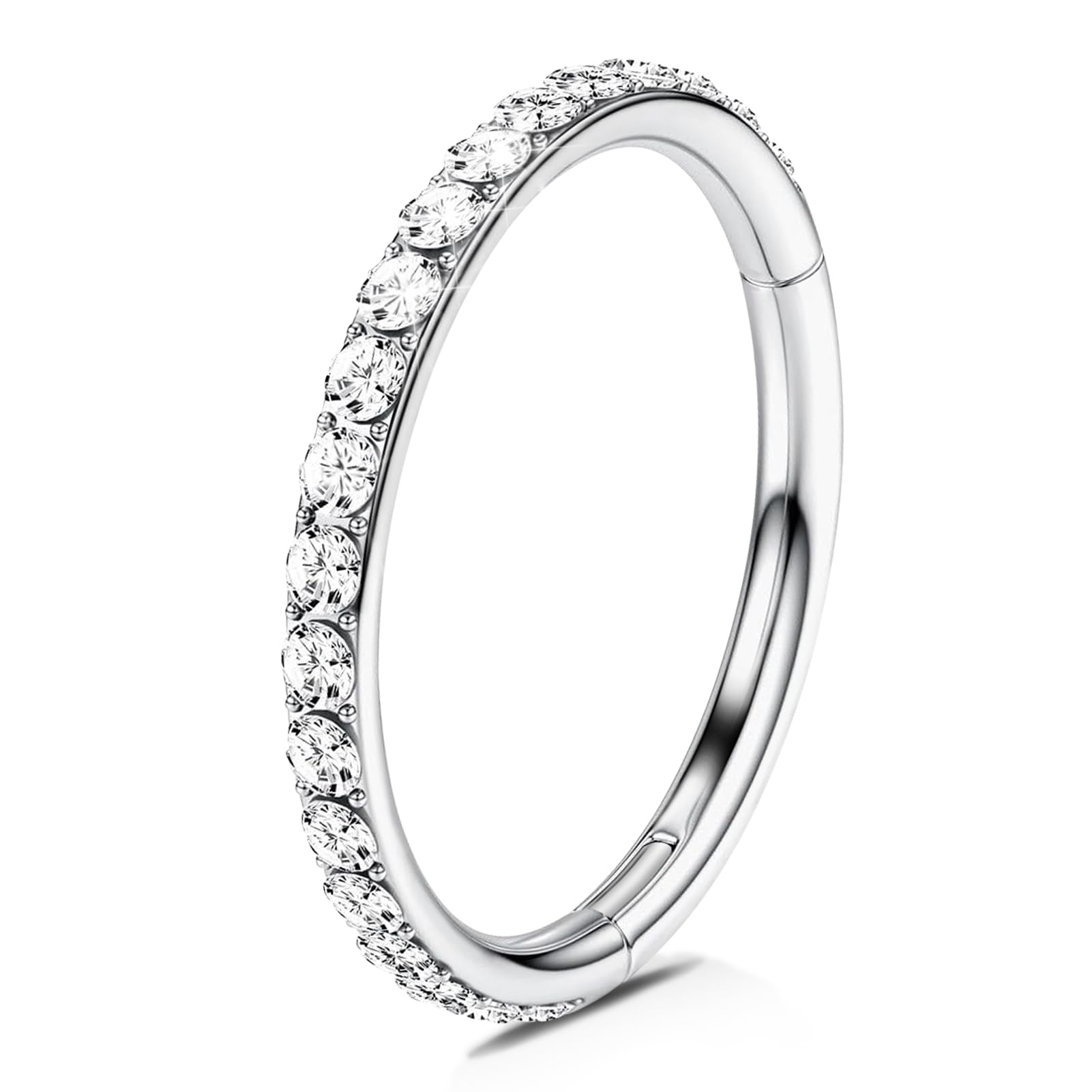 WBRWP Anillos para la nariz con bisagras de acero inoxidable 316L, aro: 18 G (1,0 mm), anillo de piercing para mujeres y hombres con anillo de segmento de circón, anillos para labio, pendientes de torre para cartílago de hélice de 8 mm de diámetro, plata