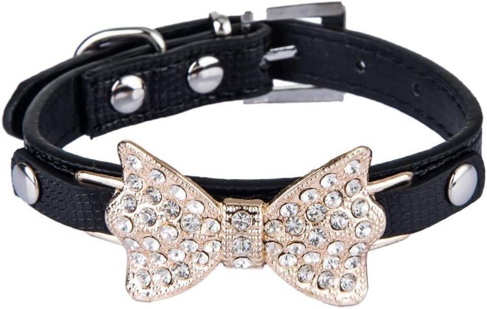 Mimibox Pet Dog/ Cat Collar with Bling Rhinestone Bow PU Leather Personalized Necklace Jewelry Dog Collars(S)