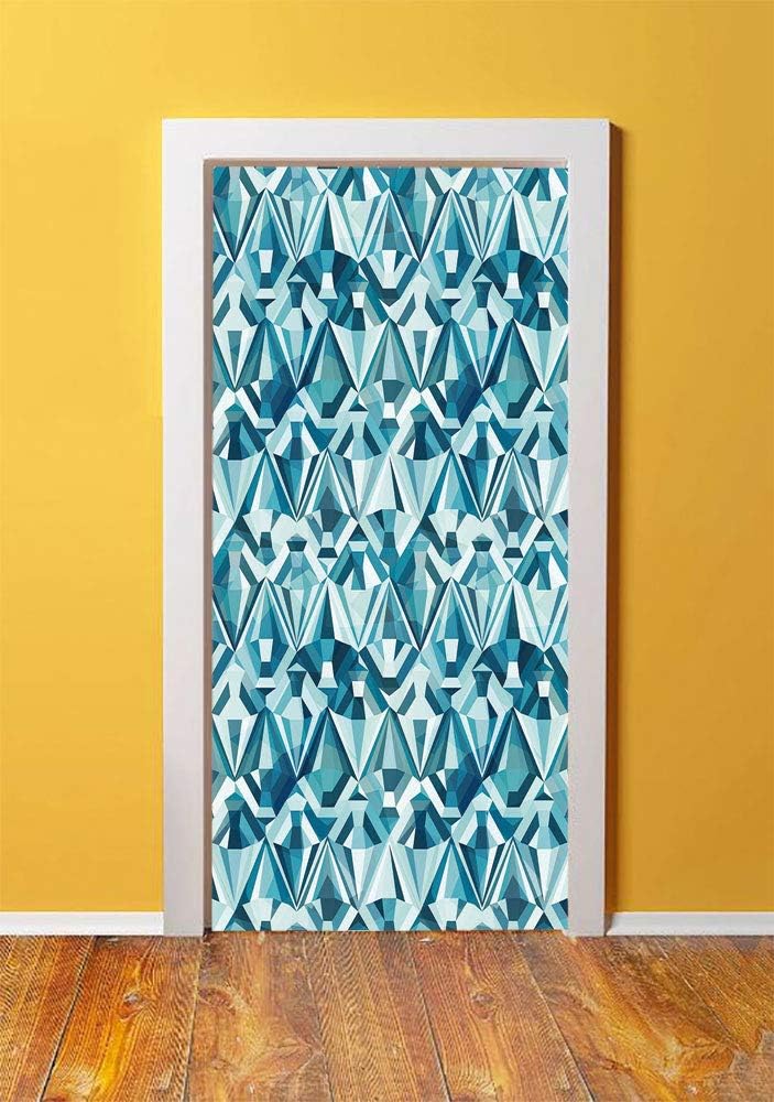 Light Blue 3D Door Sticker Wall Decals Mural Wallpaper,Abstract Polygonal Diamond Forms Up and Down Glamour Concept Tile,DIY Art Home Decor Poster Decoration 30.3x78.19813,Blue Light Blue Dark Blue