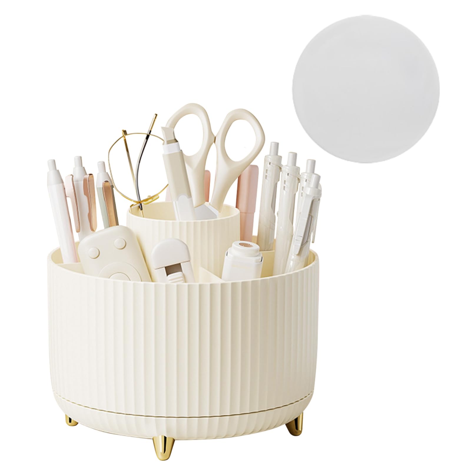 Vilike Rotating Pen Pot for Desk Tidy, Beige Desk Organiser & Makeup Brush Holder with 5 Compartment for Women, Desk Accessories with Anti-slip for Home, Office(Beige)