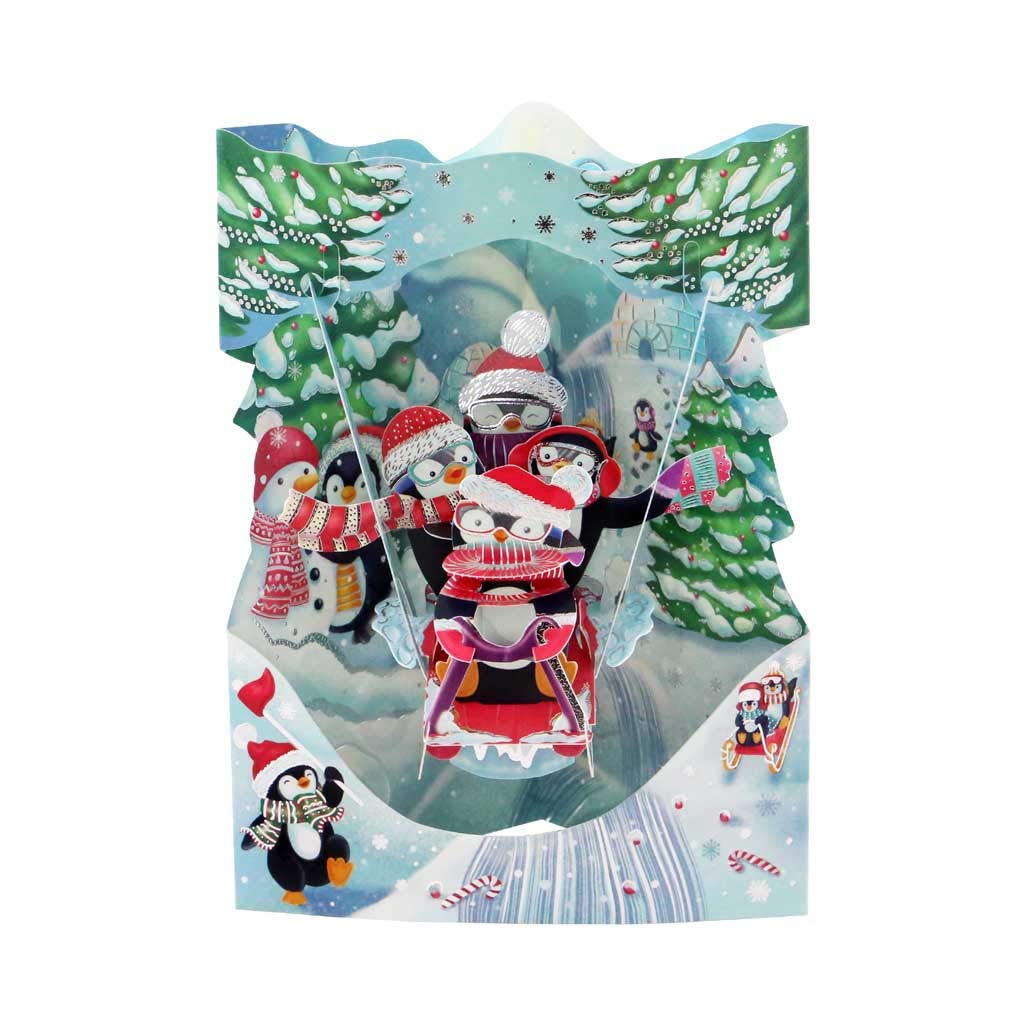 SANTORO Swing Card, Christmas 3D Pop Up Greeting Card - Sledging Penguins - For Kids, Family, Christmas, Festive
