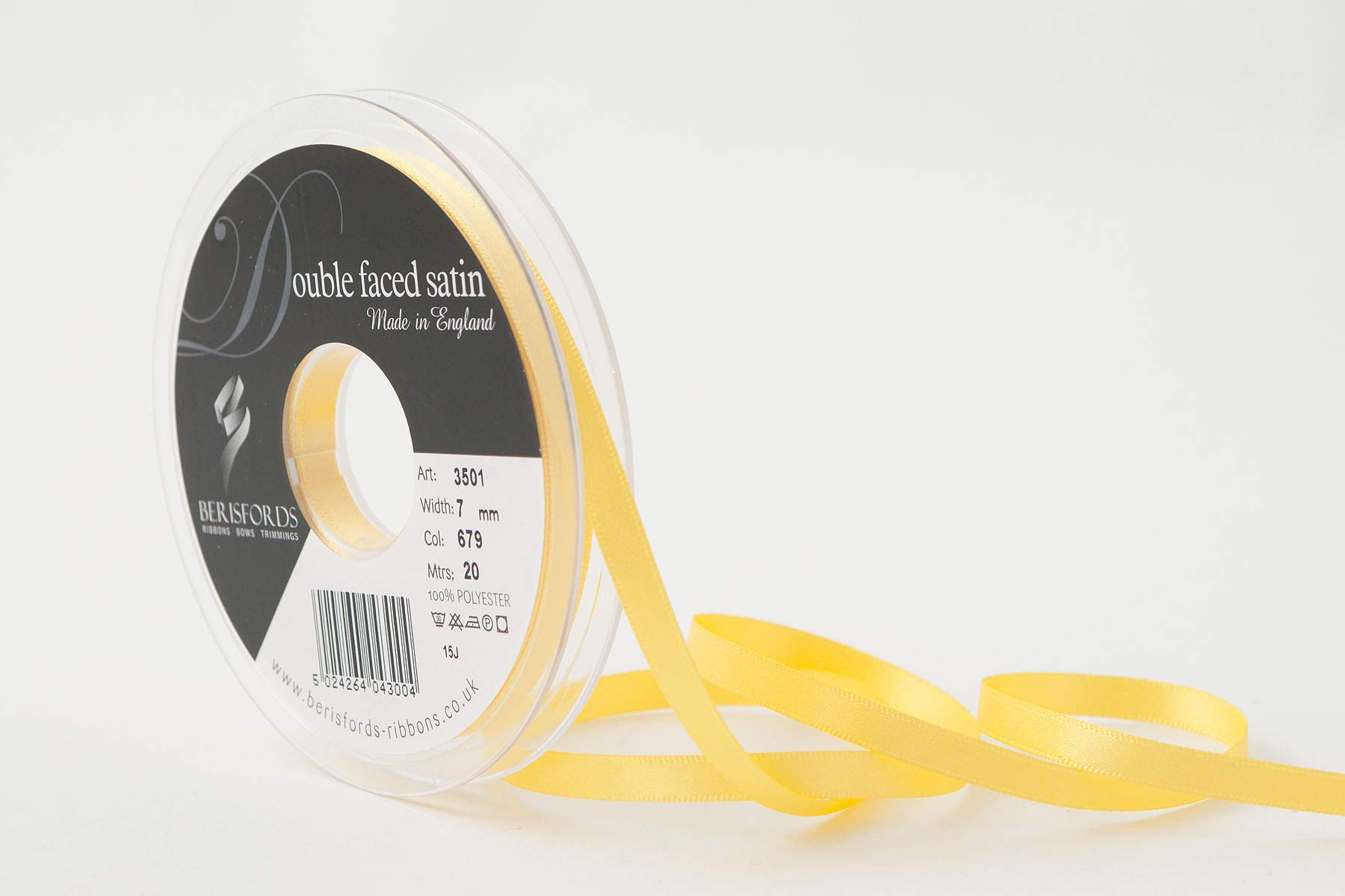 Berisfords 3501 7MM YELLOW 679 10.5 x 10.5 x 1.4 cm Double Face Poly Satin Ribbon, Yellow