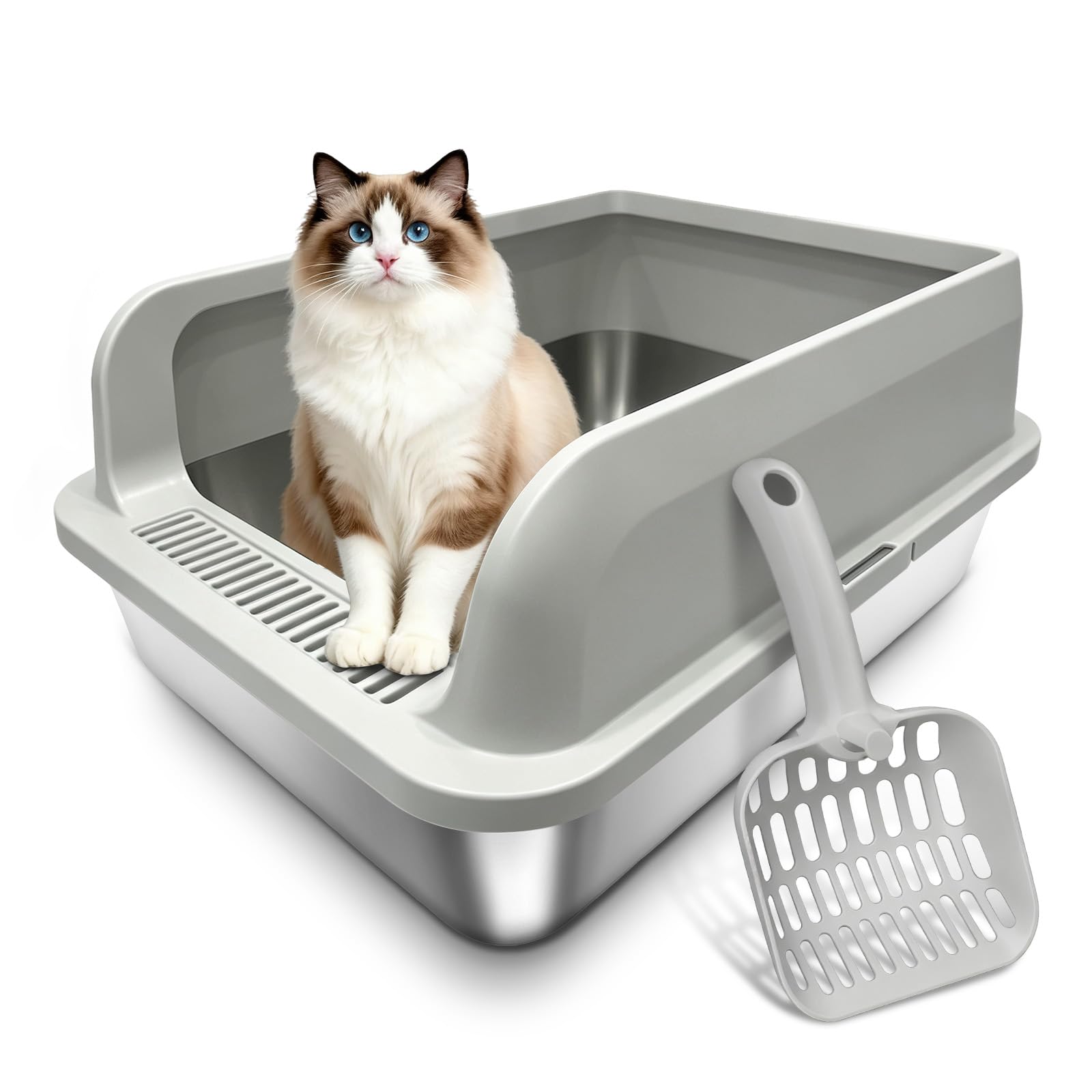 Camvivid Stainless Steel Litter Box, Covered with Lid, 17.3x13.4x7.9in, Litter Scoop & Anti-Skid Stickers, High Walls, Odor F