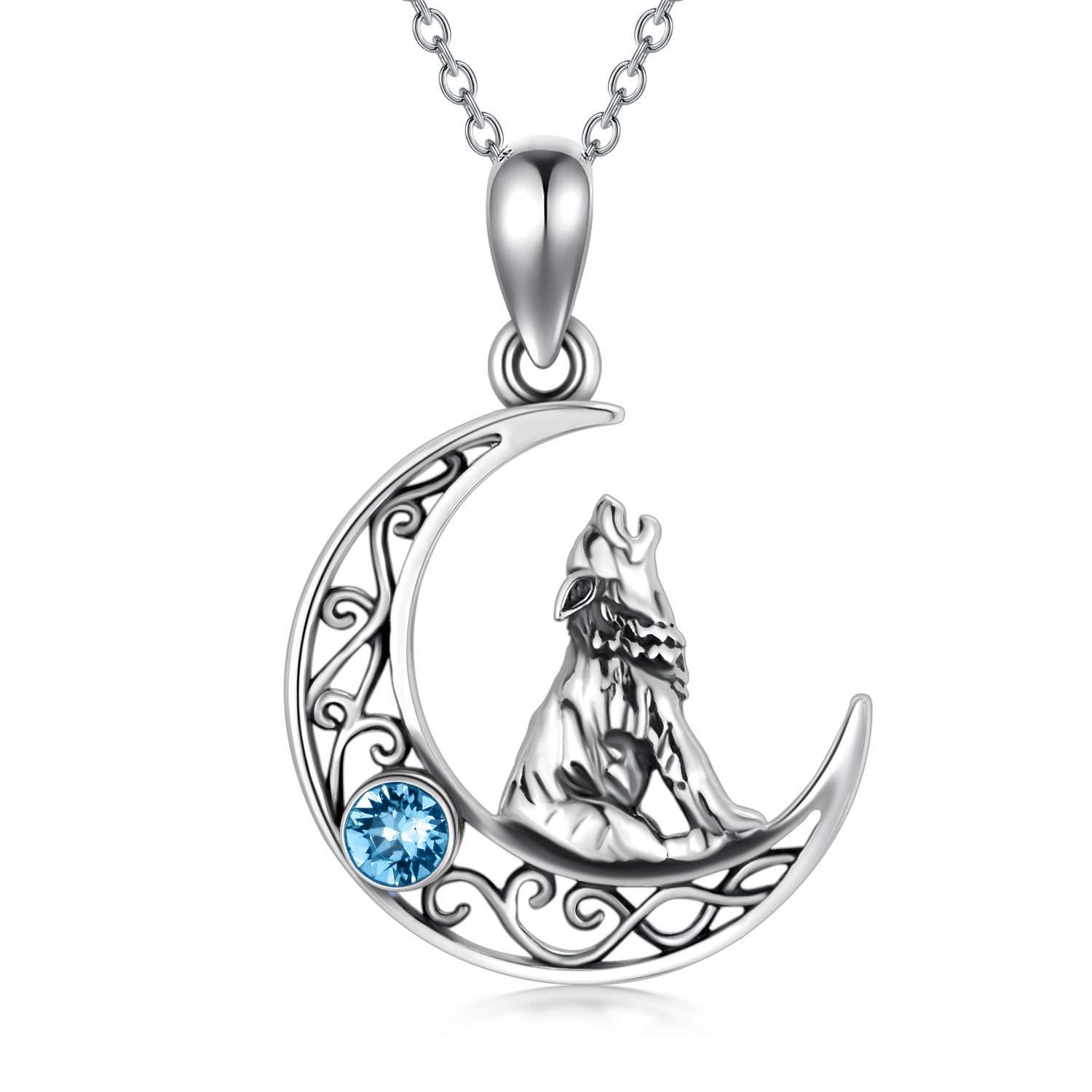 AOBOCO Sterling Silver Crescent Wolf Pendant Necklace, Wolf Jewellery Gifts for Women Her (Simulated Aquamarine)