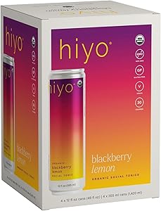 Hiyo Organic Social Tonic - Blackberry Lemon, 4 pack - N.A. Functional Seltzer, Sparkling Water Crafted with Organic Adaptoge