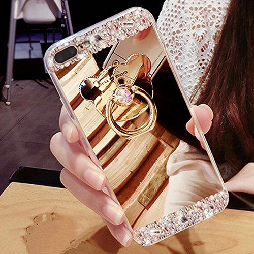 Glitter Case for iPhone 8,Leeook Creative Mirror Effect Diamond Shiny Soft Silicone Case Cover with Bear Ring Kickstand for iPhone 8/7 4.7"-Gold
