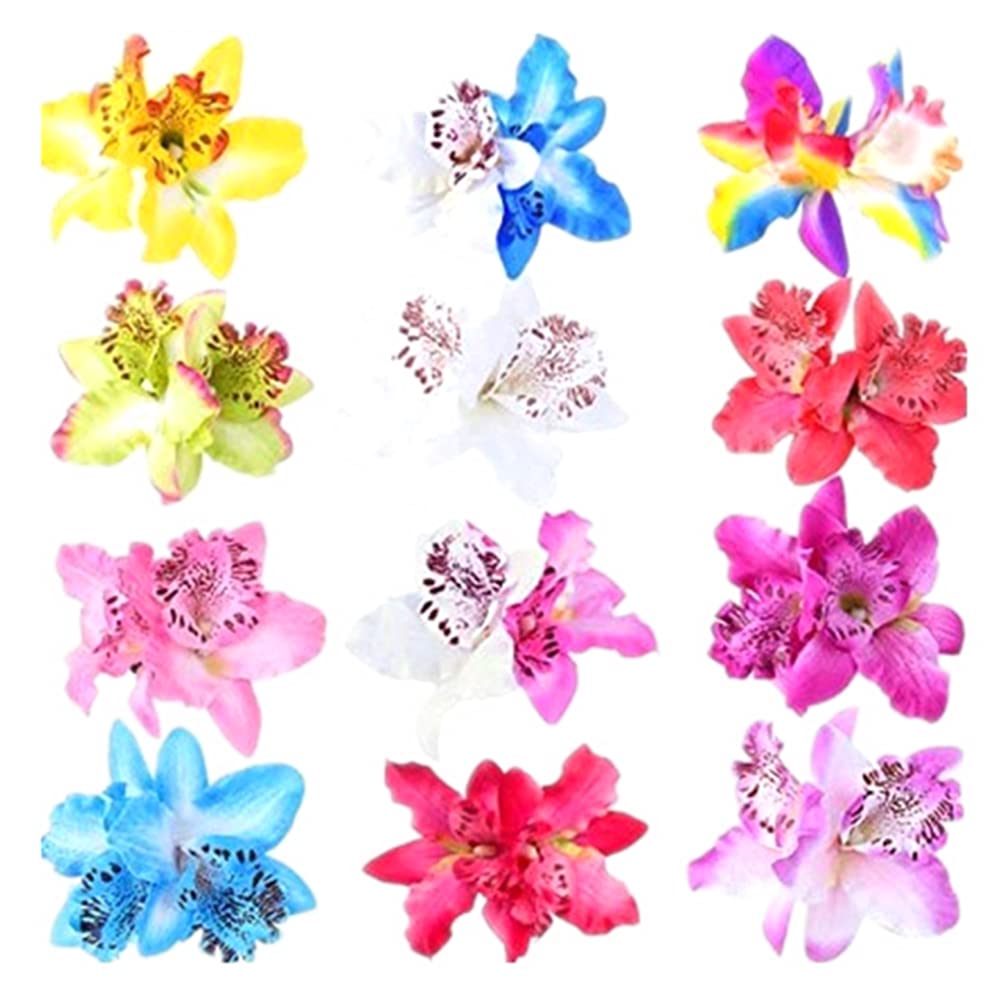 12PCS Bohemia Orchid Flower Alligator Clips Hawaiian Wedding Party Beach Party Flower Clips Hairclip Hair Pins Headwear Hair Barrette for Women Lady Girls