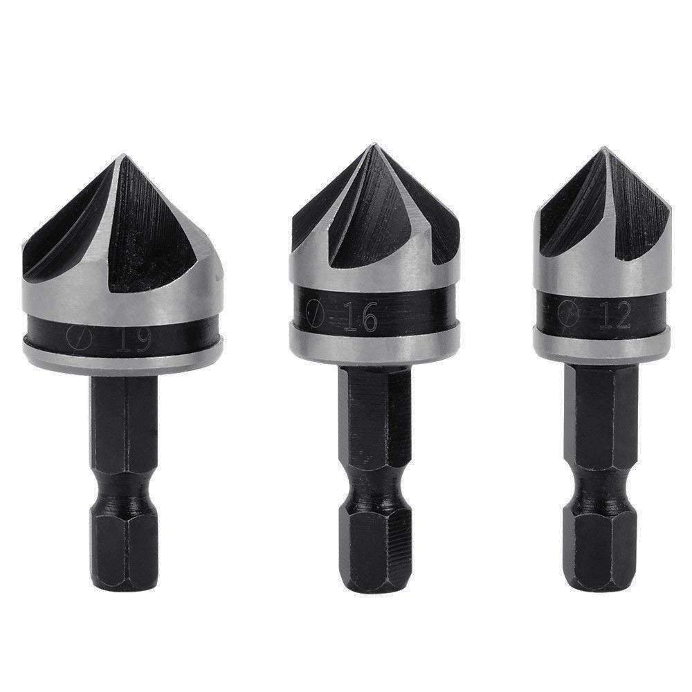 Gasea 3pcs 1/4 Inch Hex Shank 5 Flute 90 Degree Chamfering Countersink Drill Bit Set 12mm 16mm 19mm