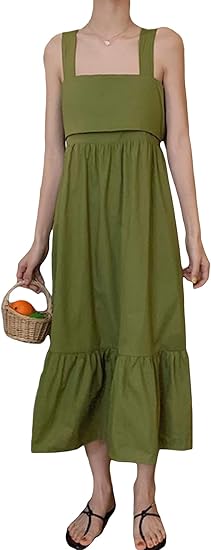 Amazon Co Jp Bscool ワンピース レディース ノースリーブ フレアワンピース バックレス リボン キャミ 袖なし ゆったり 着痩せ 韓国 ファッション ロング ワンピース ハイウエスト 無地 夏 グリーン 服 ファッション小物