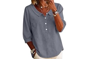 3/4 Puff Sleeve Blouse for Women Casual Cotton Linen Shirt Fashion Henley Button Down Blouse Summer Loose Fit Tunic Tops