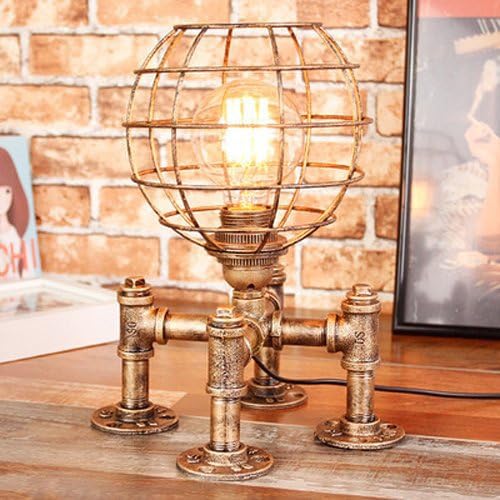 Wsxxn Industrial Vintage Steampunk Metal Water Tube Desk Light Fixture Personality Hollow Iron Spherical Lampshape Table Lamp for Bedroom Bedside Living Room E27 Desk Lamp (Color : Gold)