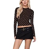 Ceputer Women Polka Dot Long Sleeve Crop Tops Slim Fit Crew Neck Casual T Shirts Fall Basic Going Out Top