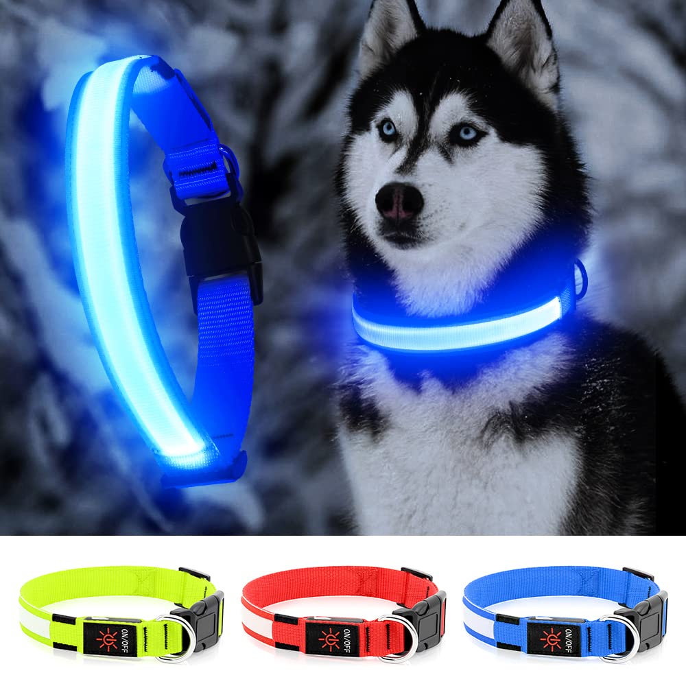 Photo 1 of YFbrite Ultra Light Adjustable LED Dog Collar, Light up Dog Collars Rechargeable Glowing in The Dark Collars Visiblity & Safety for Small, Medium, Large Dogs (Blue, Large)