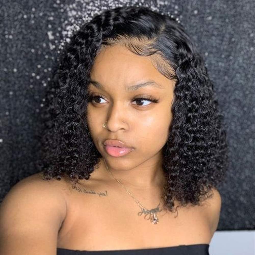 FAVE Fluffy Curly human hair Wigs Brazilian Human Hair Fashion Lace Front wigs For Black Women natural black 150% Density Preplucked With Baby Hair(Black) (14 Inch)