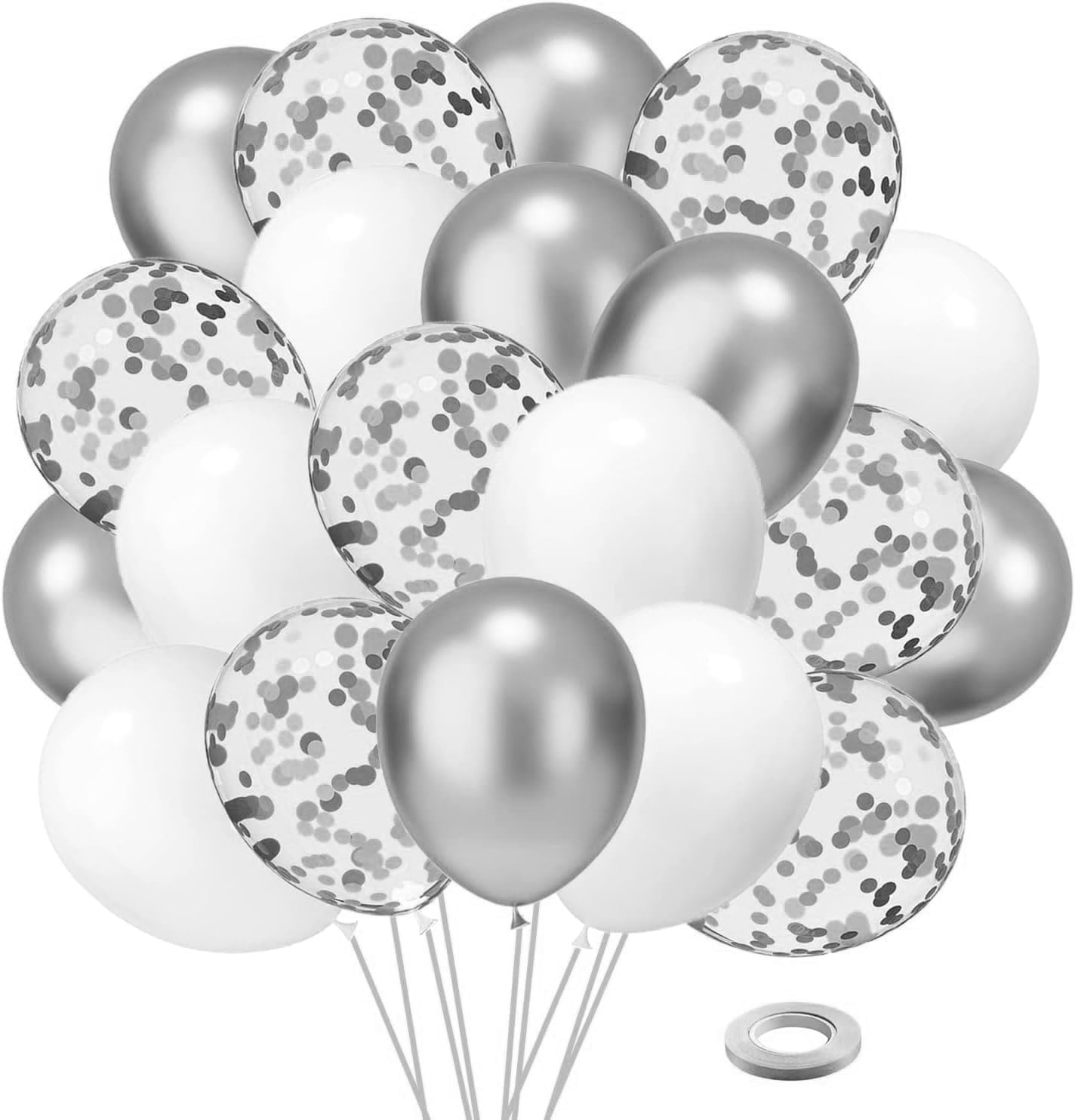 White and Silver Confetti Latex Balloons, 50 Pack 12 inch Silver and White Party Balloons with Ribbons for Birthday Graduation Wedding Bridal Shower Party Decoration