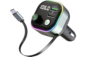 LIHAN Bluetooth 5.4 Car Adapter, Transmitter for FM Radio,65W Retractable USB C Fast Car Charger, Wireless Audio Hands Free Calling & MP3 Music Player, HiFi Bass Support USB Drive