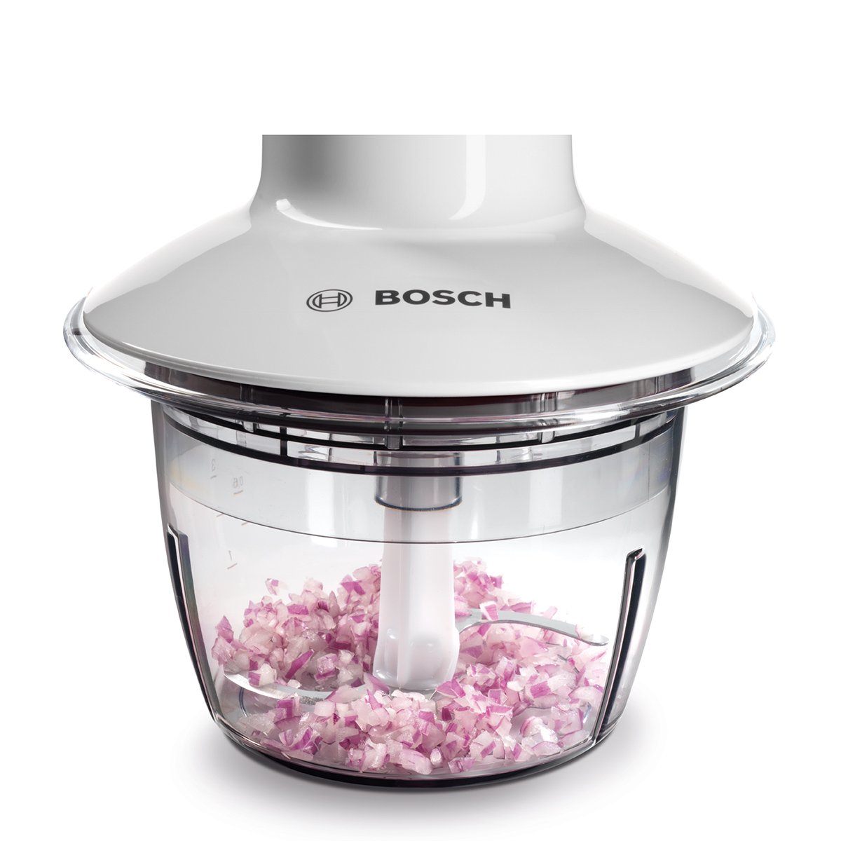 Bosch Universalzerkleinerer, elektrisch, schnell, Klingen aus Edelstahl, 800 ml Behälter, Scheibe zum Sahne schlagen, weiß, 400 W, MMR08A1 5