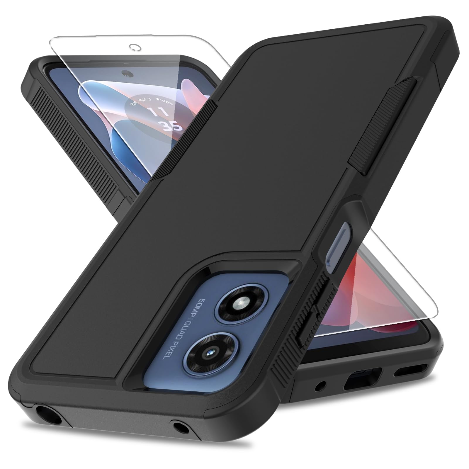 for Moto G Play 2024 Case, [Military Grade Drop Tested] with Screen Protector, Dual Layer Protective Heavy Duty Cell Phone Cover Non-Slip Shockproof Case for Motorola G Play 4G 2024 (Black)