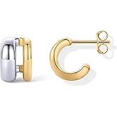 PAVOI 14K Gold Plated and Rhodium Plated Two Tone Multihoop Double Hoop Geometric Earrings for Women | Mixed Metals Huggie Multi Earring Statement Pair