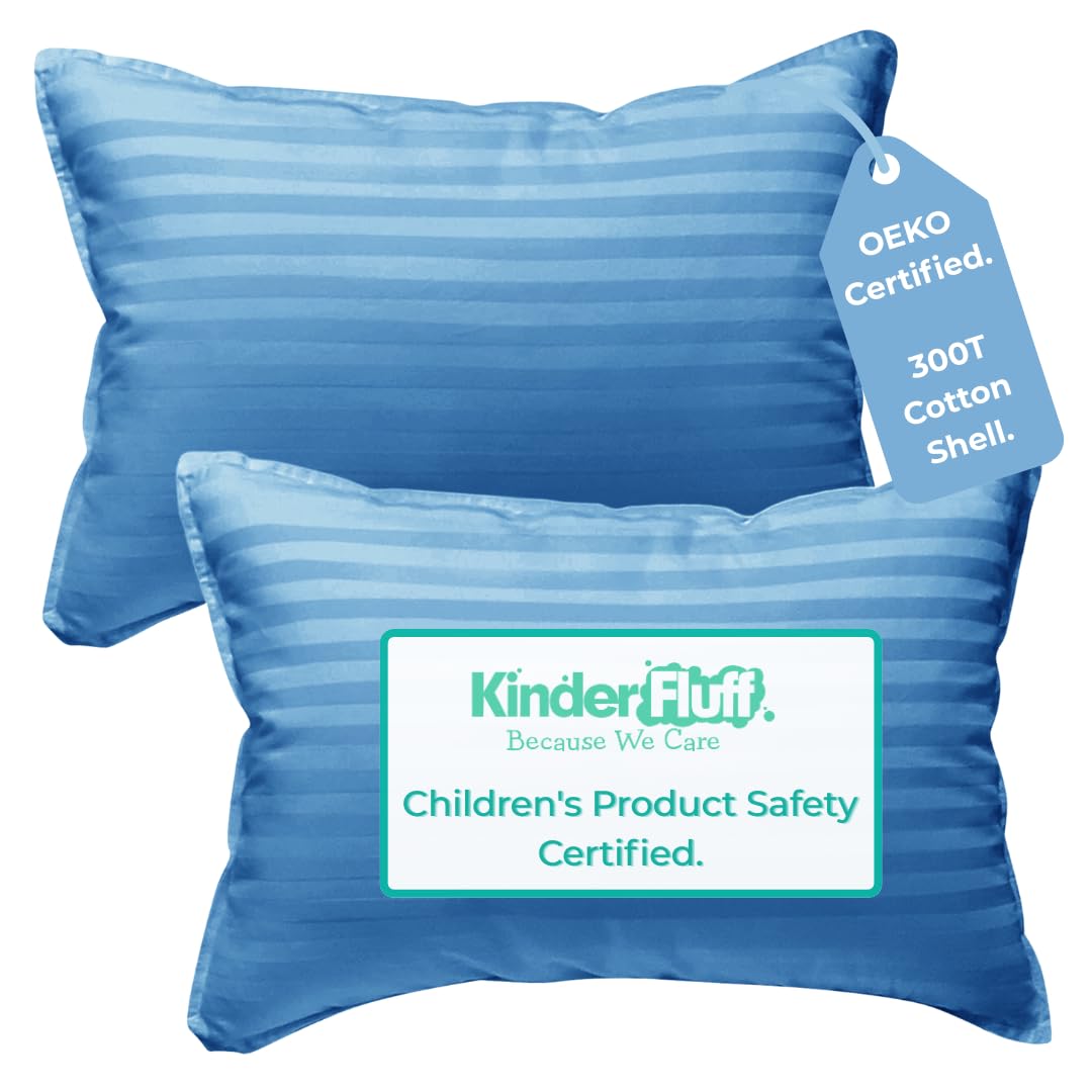 kinder Fluff Children Pillows (2x) - The Only Twin Pillows for Kids 300T Cotton Shell & Down Alternative Fill - Ideal Travel Cushions for Sleeping Kid, Bedding Set & Floor Cushions (40x60cm- Blue)