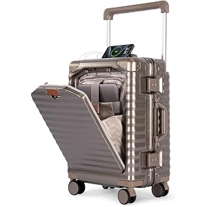 QIMER 20 Inch Carry on Luggage with Aluminium Frame, Gold | USB Charging Port,Cup Holder,TSA Lock,Wide Pull Rod,Silent Univer