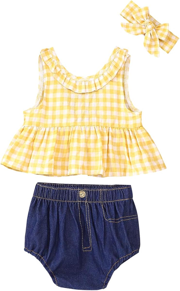 SWNONE Infant Toddler Girls Summer Clothes Outfit Plaid Ruffle Bowknot Shirts Top+Jeans Shorts +Headband Set