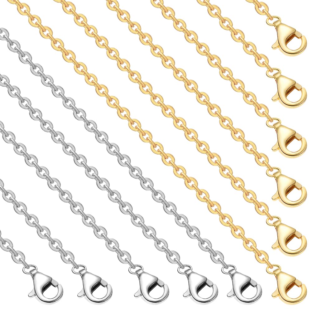 Beebeecraft 1 Box 10Pcs 23.6 inch(60cm) Necklace Chain 304 Stainless Steel Bulk Cable Chain with Lobster Clasps for Jewelry Making (Gold, Silver)