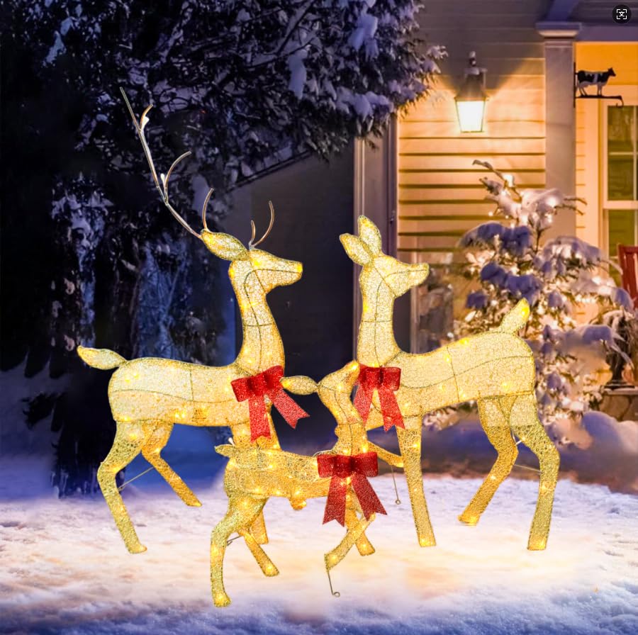 Photo 1 of 45" Large Outdoor Lighted Christmas Reindeer Family Set Decor, 3Pcs Handmade Light Up Xmas Deer Decoration with Stakes, Safe Material LED Plug and Play Outside Holiday Ornaments for Yard Lawn Garden