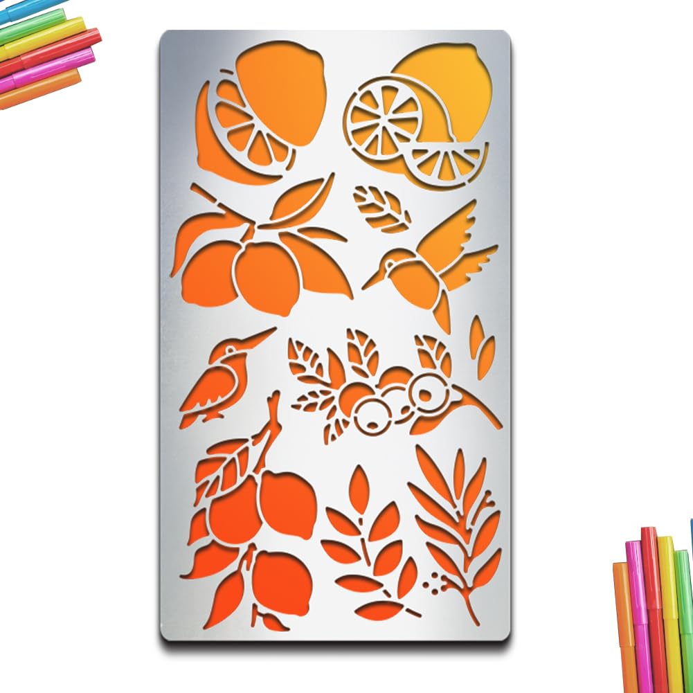 MAYJOYDIY Lemon Bird Metal Stencils Lemon Journaling Metal Stencils Lemon Tree Branch Pattern 10×17.7cm for DIY Notebook Scrapbook Engraving Painting