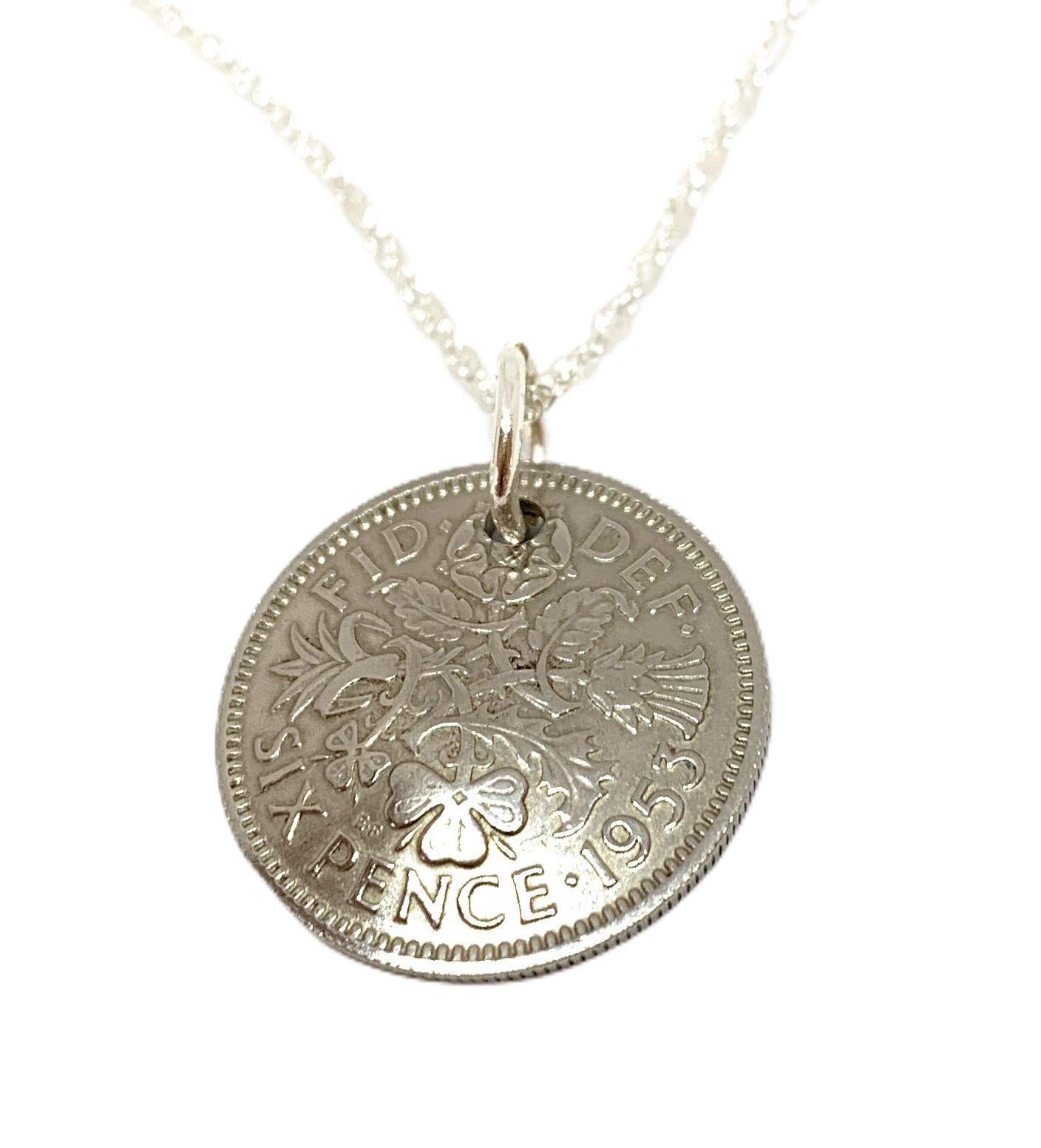 OCC Old Coin Cufflinks 73rd birthday gifts for women Domed Pendant 1953 Lucky sixpence 73rd Birthday plus a Sterling Silver 18in Chain