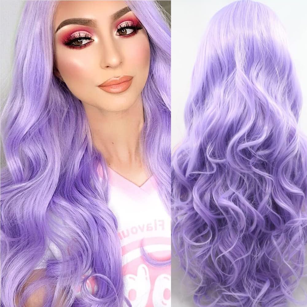 Xiweiya Lilac Purple Lace Front Wigs Long Lavender Purple Natural Curly Wavy Lace Front Wig Glueless Hair Heat Resistant Fiber Natural Hairline Wigs for Drag Queen Halloween Wig 24inch