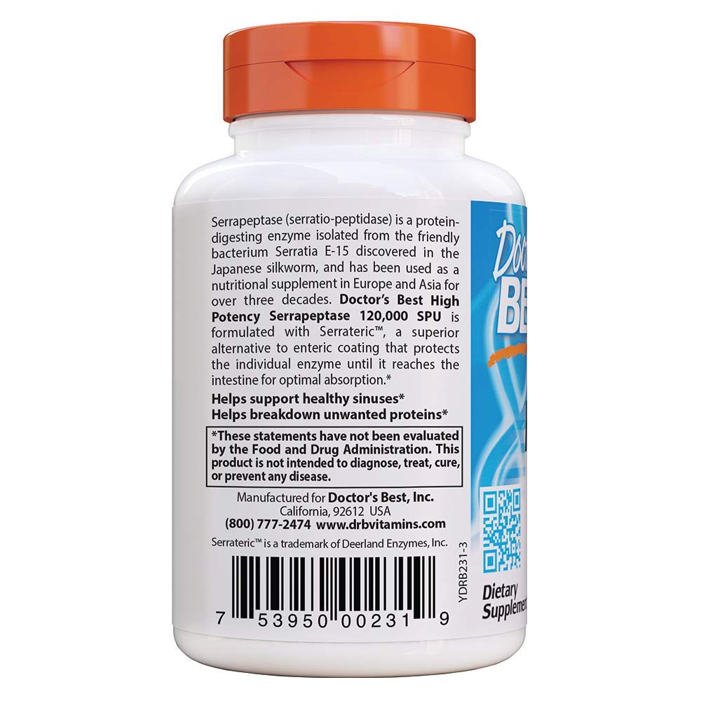 Doctor's Best High Potency Serrapeptase, Non-GMO, Gluten Free, Vegan, Supports Healthy Sinuses, 120,000 SPU, 90 Veggie Caps: Health & Personal Care