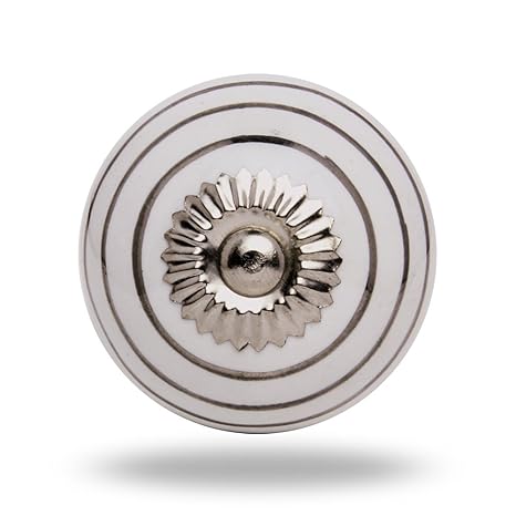 Ceramic Round Knob Silver Circles On White Chrome Finish Kitchen