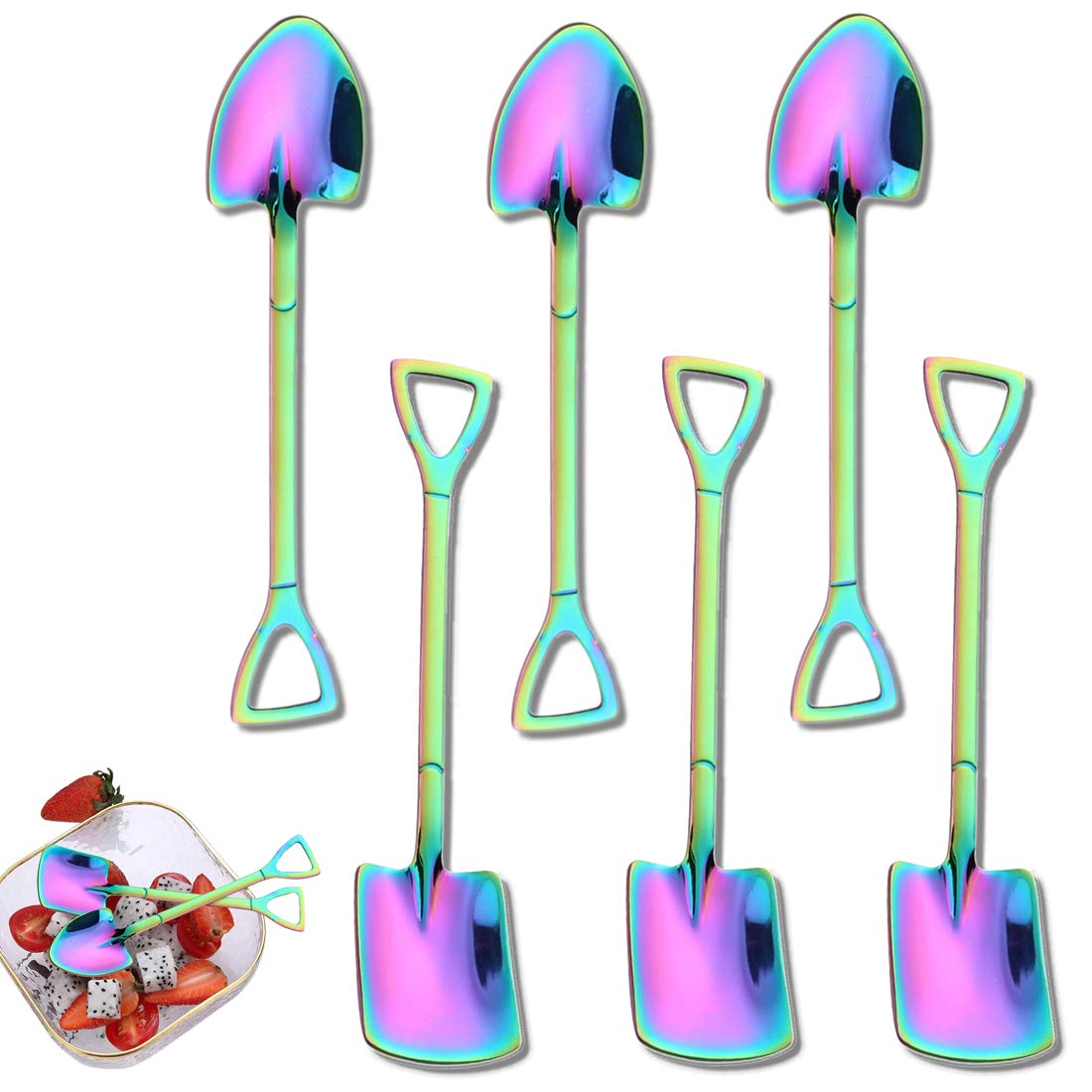 6 stainless steel shovel spoons Spade spoon, shovel-shaped creative shovel net red spoon, watermelon spoon milk tea coffee sugar spoon ice cream dessert spoon (colorful)