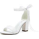Hyinlays Women's Open Toe Block Heel Pearl Wedding Shoes for Bride Chunky Heeled Sandals Bridal Shoes Pumps