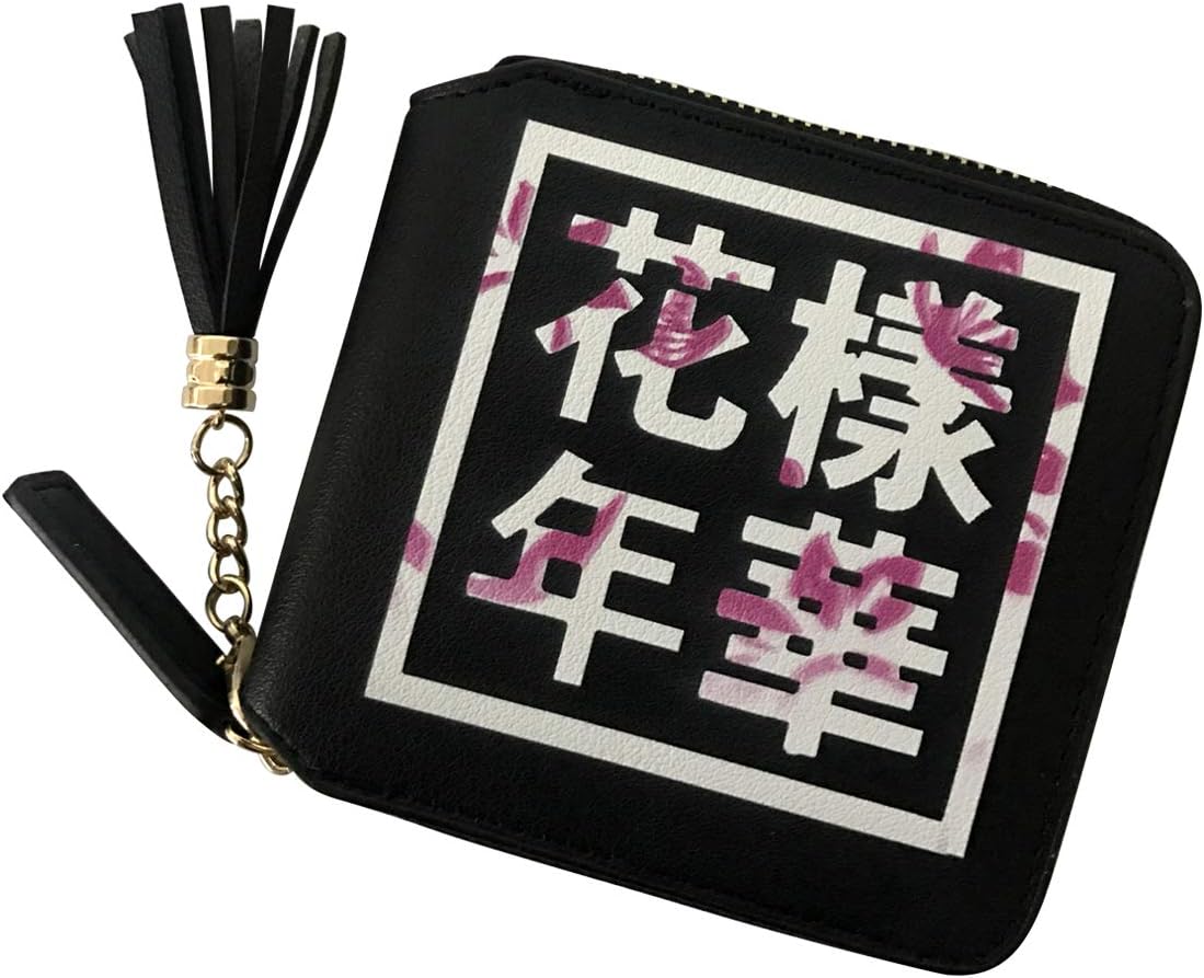 BTS Zipper Wallet Coin Purse Leather Tassel Wallet with 1 3D Sticker 2 BTS Lomo Cards for A.R.M.Y (Flower)