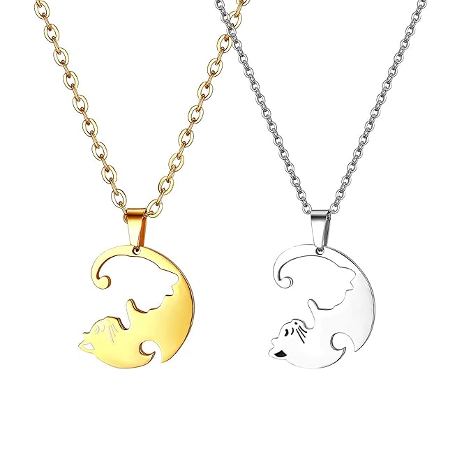 Flongo Partner Anhänger Halskette Partnerketten, 2 Stück Edelstahl Halskette Kette mit Katze Kätzchen Puzzler Anhänger Schwar
