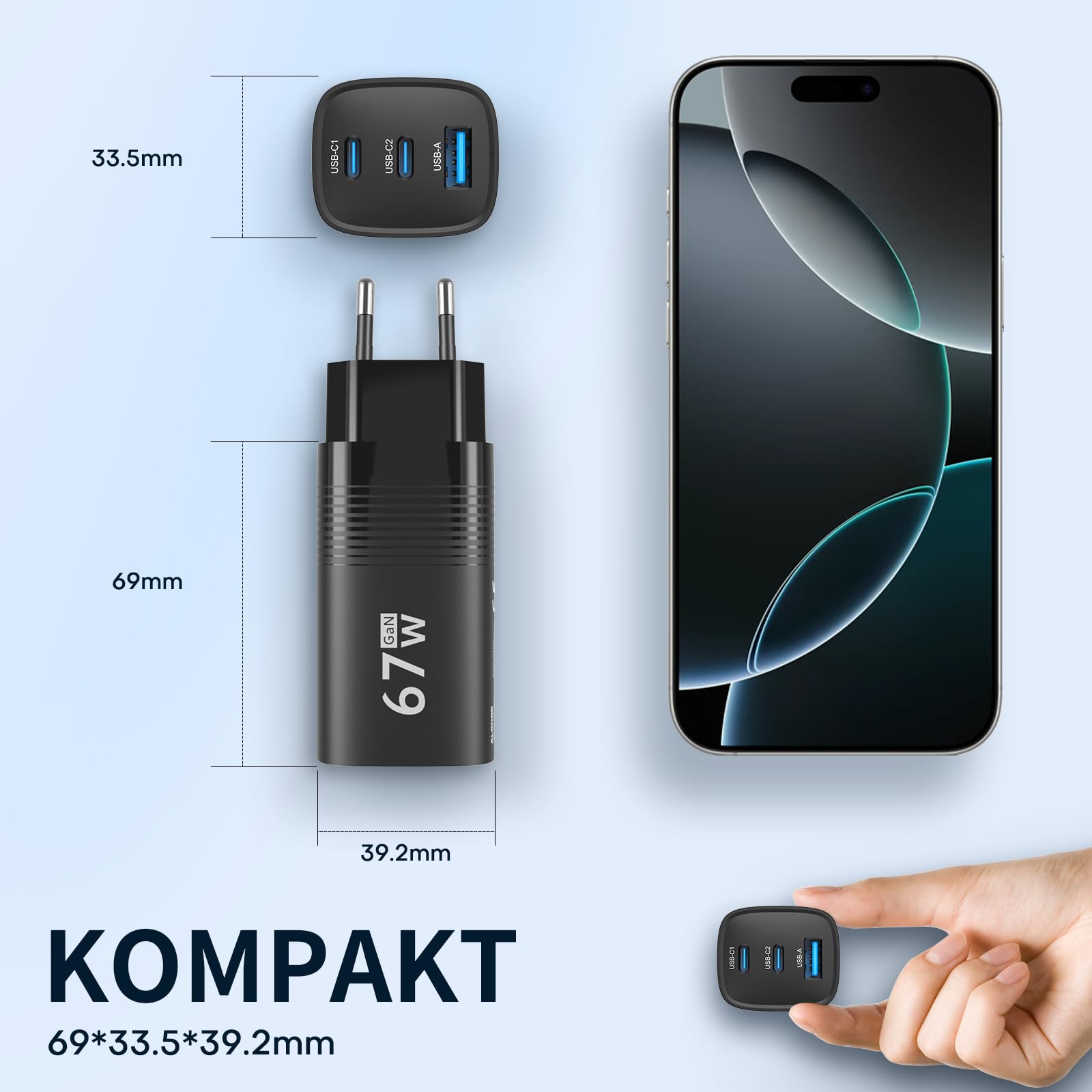 TOPADRE USB C Ladegerät 67W, 3-Port Schnellladegerät, PD PPS Fast Charger, Netzteil USB C für MacBook Pro/Air, für iPhone 17/16/15/14 Pro Max, für Galaxy S25/S24/S23/S22, für Pixel 10/9/8/7/6. Schwarz 5