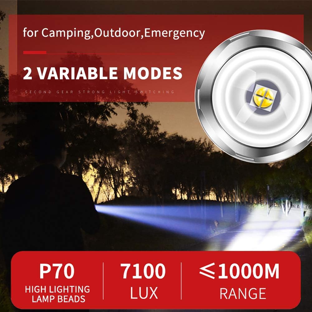 Handheld Flashlight 7100 Lumen with 26650 rechargeable Batteries LED Tactical Flashlight Zoomable 2 Modes Adjustable Focus Water Resistant for Camping Hiking Outdoor Biking Emergency - - 