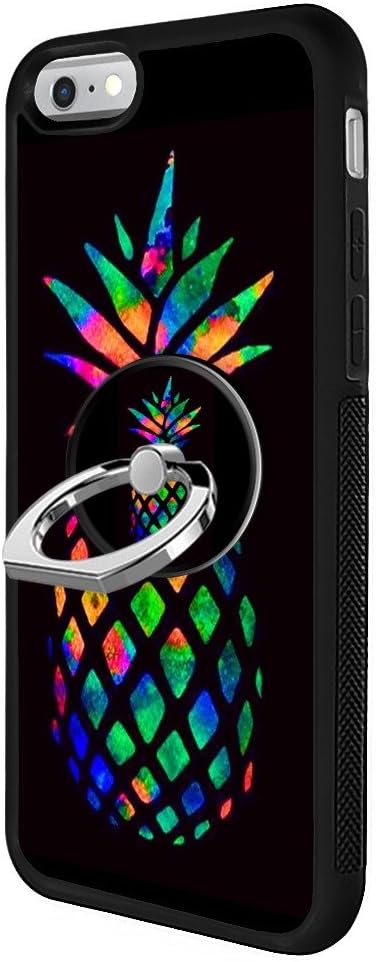 Black iPhone 6s 6 Case with Ring Holder Stand Rose Skull Pattern 360 Rotation Ring Grip Kickstand Soft TPU and PC Anti-Slippery Design Protection Bumper for iPhone 6s 6 (Rainbow Pineapple)