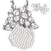 Toddler Baby Girls Baseball Outfit Ball Game Print Ruffle Tank Top and Bummie Shorts with Headband 3pcs Set