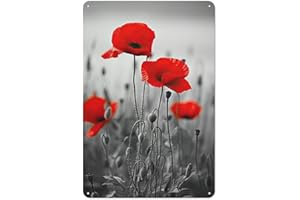Rustic Metal Tin Sign Poppy Wall Art Red Flower Pictures Wall Decor Black and White Poppies Print Floral Painting for Home De
