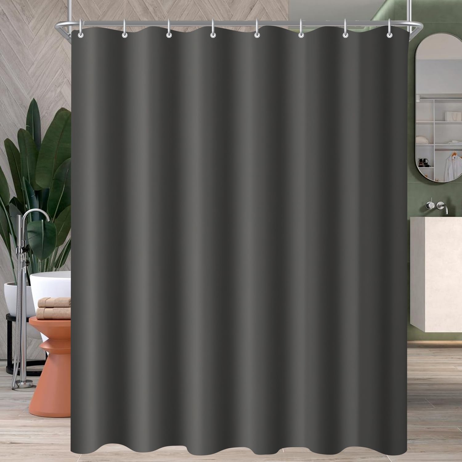Lerores Shower Curtain, 120 x 200 cm, Dark Grey, Weighted Hem, Anti-Mould Textile, Water-Repellent, Washable Polyester Fabric Bath Curtains for Bathroom, Bathtub with 8 Shower Curtain Rings