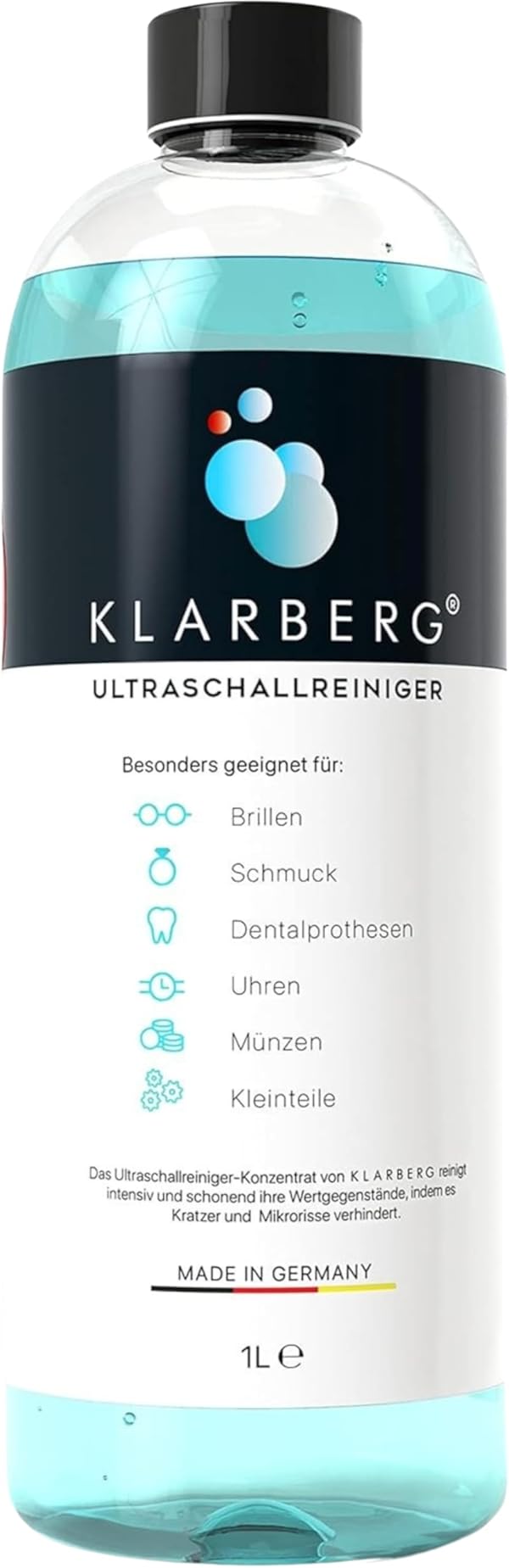 KLARBERG® 1L Ultraschallreiniger Konzentrat I Reinigung von Brillen, Schmuck, Zahnersatz, Uhren im Ultraschallbad I Mit jedem Ultraschallreinigungsgerät nutzbar