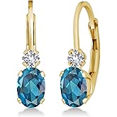 Gem Stone King 14K Yellow Gold London Blue Topaz and White Created Sapphire Leverback Earrings For Women | 1.08 Cttw | Gemstone November Birthstone | Oval 6X4MM, Round 2MM | 3/4 Inch