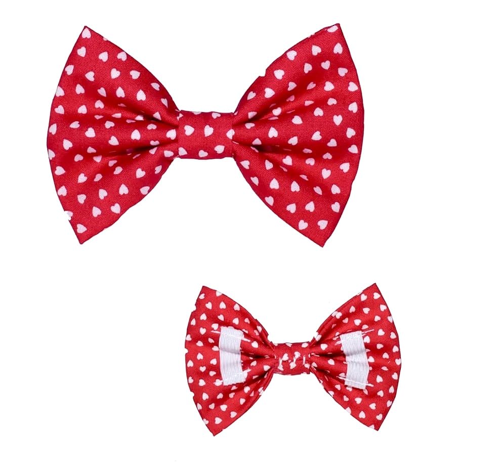 New Dogs Bow Tie Bowtie Valentine's Day Valentine Mini Hearts RED Elastic Band attach COLLAR ACCESSORY Handmade UK (Medium)