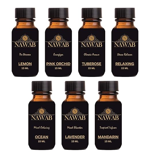 Nawab set of 7 exquisite aroma diffuser oil 15ml each - Lemon, Pink Orchid, Tuberose, Relaxing, Ocean, Lavender, Mandarin