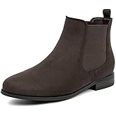 VJH confort Women's Slip on Ankle Boot, Western Almond Round Toe Low Heel Elastic Chelsea Bootie