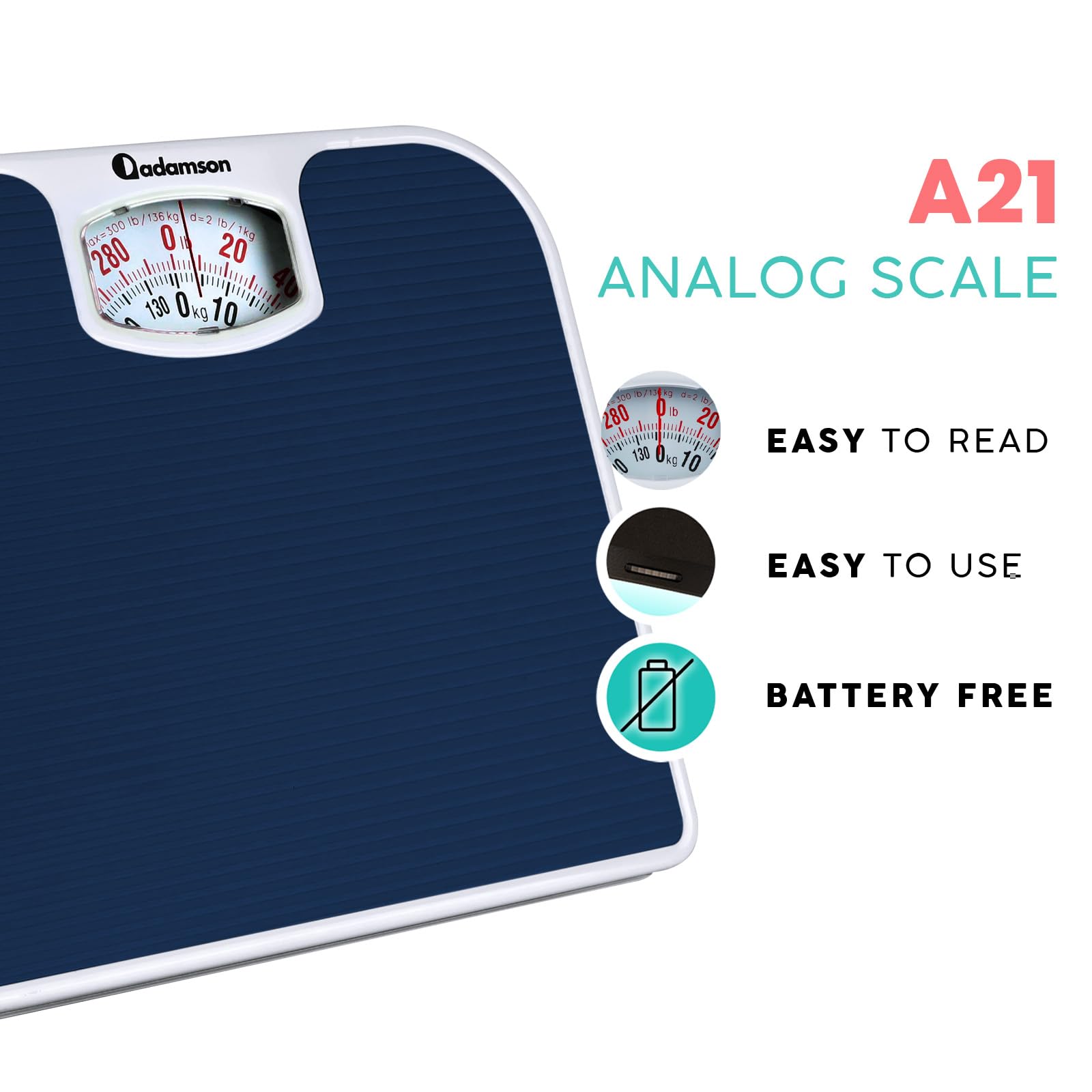 Adamson A21 Analog Scales for Body Weight - Up to 300 LB - New - Anti-Skid Rubber Surface + Large Numbers - Analog Bathroom Scale - Affordable - Durable with 20-Year Assurance - Blue