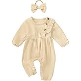 Lehoso Newborn Infant Baby Girl Clothes Crew Neck Long Sleeve Button Down One Piece Smocked Baby Girl Romper